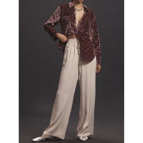 Maeve Anthropologie Beige Straight-Leg Pull-On Silk Pants Size L Elastic Waist - Picture 1 of 6